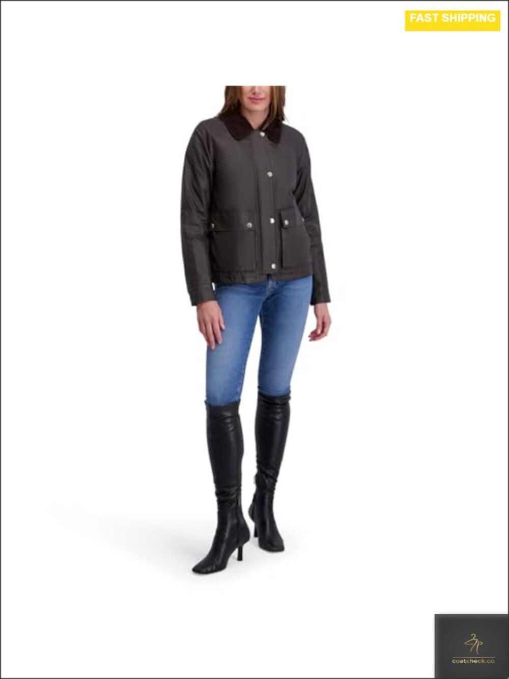 Waxed Cotton Barn Jacket with Corduroy Collar, Women's Casual Outerwear